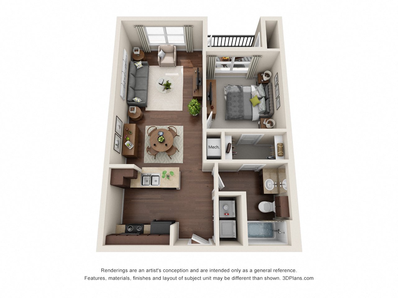 Floor plan for 1 bed, 1 bath, 662 sqft